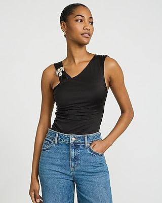Express Women's Hardware Sleeveless Ruched Bodysuit in Jet Black