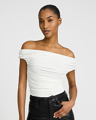 Express Women's Asymmetrical Off The Shoulder Ruched Bodysuit in Ivory