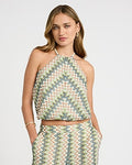 Express Women's Chevron Crochet Halter Neck Bubble Cami in Green Print