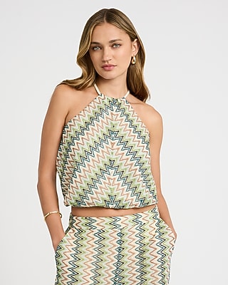 Express Women's Chevron Crochet Halter Neck Bubble Cami in Green Print