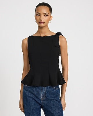 Express Women's Boat Neck Tie Shoulder Peplum Tank Top in Jet Black