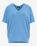 Express Women's Relaxed Crepe V-Neck Short Sleeve Sweater in Blue Small