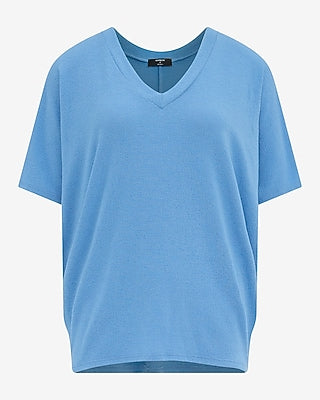 Express Women's Relaxed Crepe V-Neck Short Sleeve Sweater in Blue Small