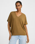 Express Women's Relaxed Crepe V-Neck Short Sleeve Sweater in Brown Small