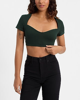 Express Women's Sweetheart Short Sleeve Crop Top in Green Small
