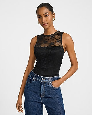 Express Women's Lace Crew Neck Sleeveless Bodysuit in Pitch Black