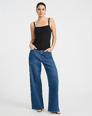 Express Women's Ribbed Square Neck Button Front Cami in Black Small