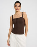 Express Women's Ribbed Square Neck Button Front Cami in Brown Small