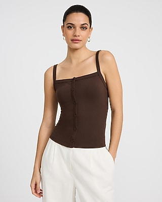 Express Women's Ribbed Square Neck Button Front Cami in Brown Small