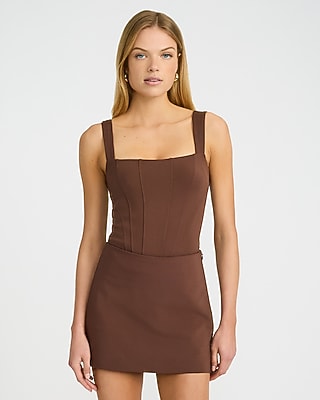 Express Women's Body Contour High Compression Square Neck Corset Bodysuit in Brown Small