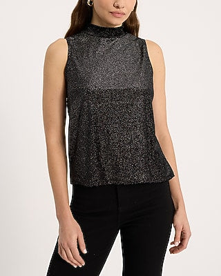 Express Women's Glitter Velvet Mock Neck Tank Top in Pitch Black