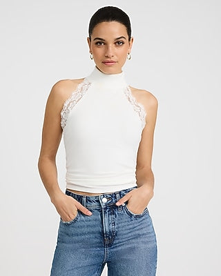 Express Women's Halter Mock Neck Lace Trim Top in White Small