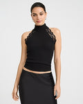 Express Women's Halter Mock Neck Lace Trim Top in Black Small