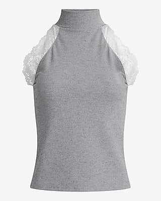 Express Women's Halter Mock Neck Lace Trim Top in Gray Small