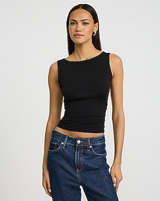 Express Women's Boat Neck Novelty Hardware Back Cutout Tank Top in Black Small