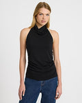 Express Women's Jersey Halter Cowl Neck Ruched Tank Top in Black Small