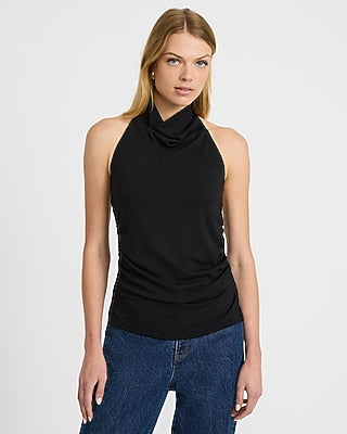 Express Women's Jersey Halter Cowl Neck Ruched Tank Top in Black Small