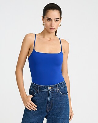 Express Women's Body Contour High Compression Scoop Neck Cami Bodysuit in Blue Small