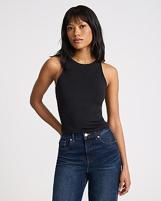 Express Women's Body Contour High Compression High Neck Crop Top in Pitch Black