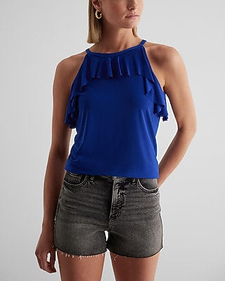 Express Women's High Neck Ruffle Tank Top in Cobalt Blue