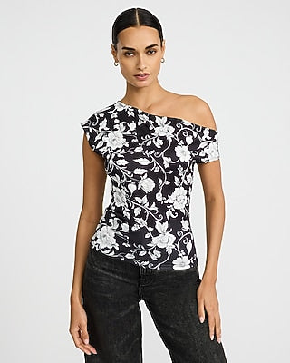 Express Women's Floral Matte Jersey Asymmetrical One Shoulder Top in B&w Print