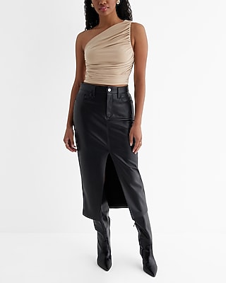Express Women's Fitted One Shoulder Ruched Crop Top in Foundation