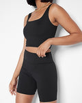 Express Women's Body Contour High Compression Ribbed Square Neck Crop Top in Pitch Black