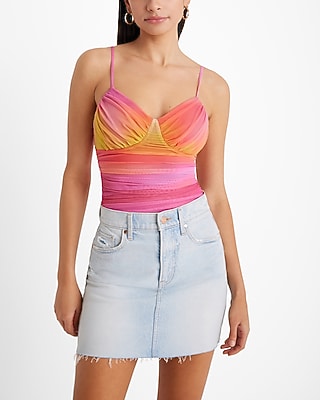 Express Women's Body Contour Ruched Ombre Mesh V-Neck Bodysuit in Multi