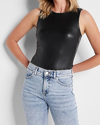 Express Women's Body Contour Faux Leather High Neck Bodysuit in Pitch Black