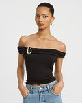 Express Women's Off The Shoulder Hardware Crop Top in Black Small