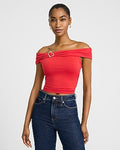 Express Women's Off The Shoulder Hardware Crop Top in Red Small