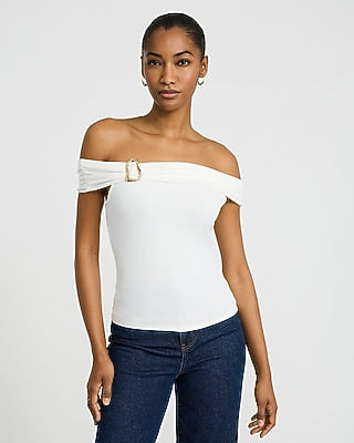 Express Women's Off The Shoulder Hardware Crop Top in White Small