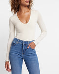 Express Women's Body Contour Compression V-Neck Long Sleeve Bodysuit in Swan