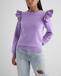 Express Women's Skimming Crew Neck Poplin Ruffle Shoulder Fleece Sweatshirt in Lilac