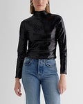 Express Women's Body Contour Sequin Mock Neck Long Sleeve T-Shirt in Pitch Black