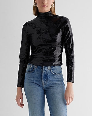 Express Women's Body Contour Sequin Mock Neck Long Sleeve T-Shirt in Pitch Black