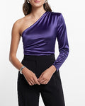 Express Women's Satin Draped One Padded Shoulder Ruched Top in Olympian