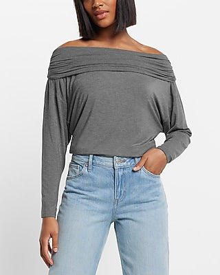Express Women's Off The Shoulder Dolman Sleeve Ruched Overlay Top in Gray Small