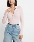 Express Women's Ribbed V-Neck Long Sleeve Henley Polo Bodysuit in Bubble