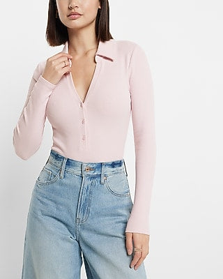 Express Women's Ribbed V-Neck Long Sleeve Henley Polo Bodysuit in Bubble