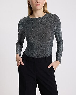 Express Women's Fitted Shine Crew Neck Long Sleeve Bodysuit in Silver Small