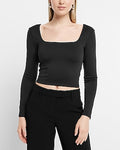 Express Women's Body Contour High Compression Square Neck Long Sleeve Crop Top in Pitch Black