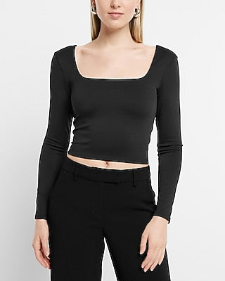 Express Women's Body Contour High Compression Square Neck Long Sleeve Crop Top in Pitch Black