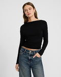 Express Women's Bateau Neck Long Sleeve Ruched T-Shirt in Pitch Black