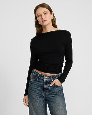Express Women's Bateau Neck Long Sleeve Ruched T-Shirt in Pitch Black