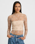 Express Women's Sheer Lace Mock Neck Long Sleeve Top in Brown Small