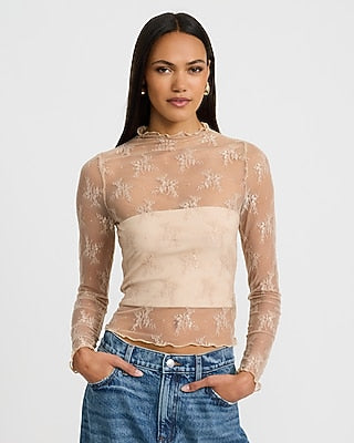 Express Women's Sheer Lace Mock Neck Long Sleeve Top in Brown Small