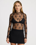 Express Women's Sheer Lace Mock Neck Long Sleeve Top in Black Small