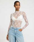 Express Women's Sheer Lace Mock Neck Long Sleeve Top in White Small