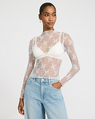Express Women's Sheer Lace Mock Neck Long Sleeve Top in White Small